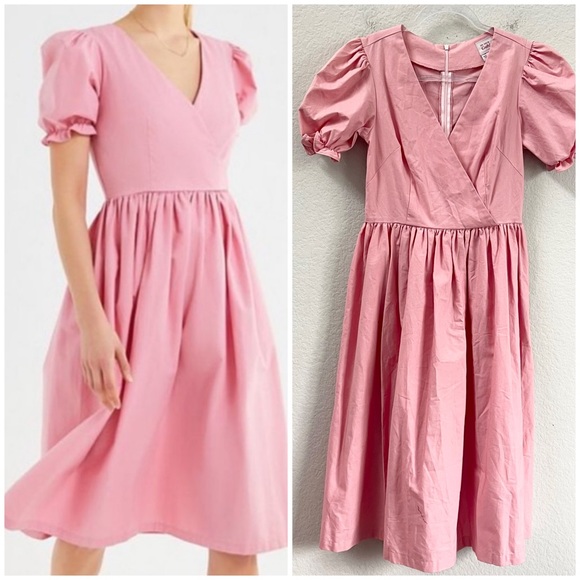 Lisa Says Gah Topanga Dress Puff Sleeve Midi Pink Rose Size Small - Picture 1 of 6